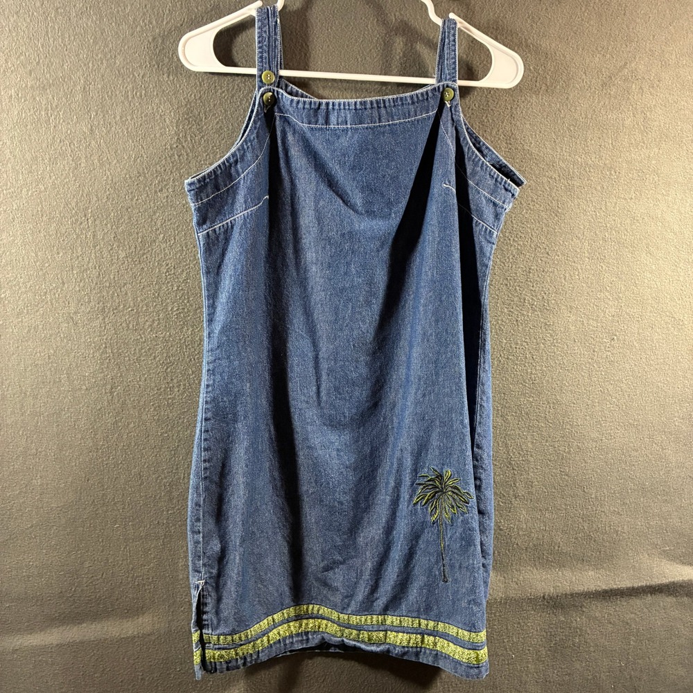 VTG women denim mini dress small Palm Tree Embroidered Cotton coastal cowgirl‎
